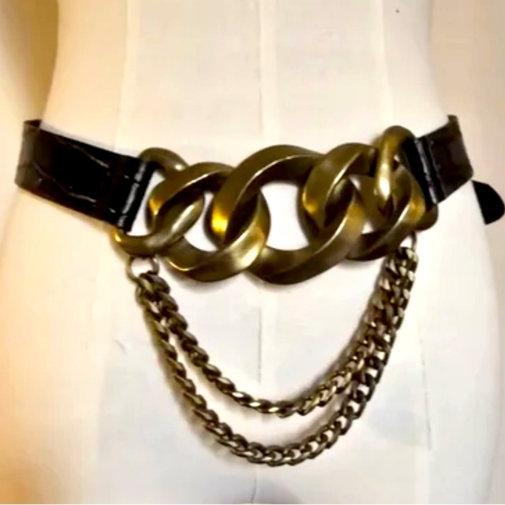 NEW Zara Black Rustic Gold Chunky Chain Accent Embossed Belt
